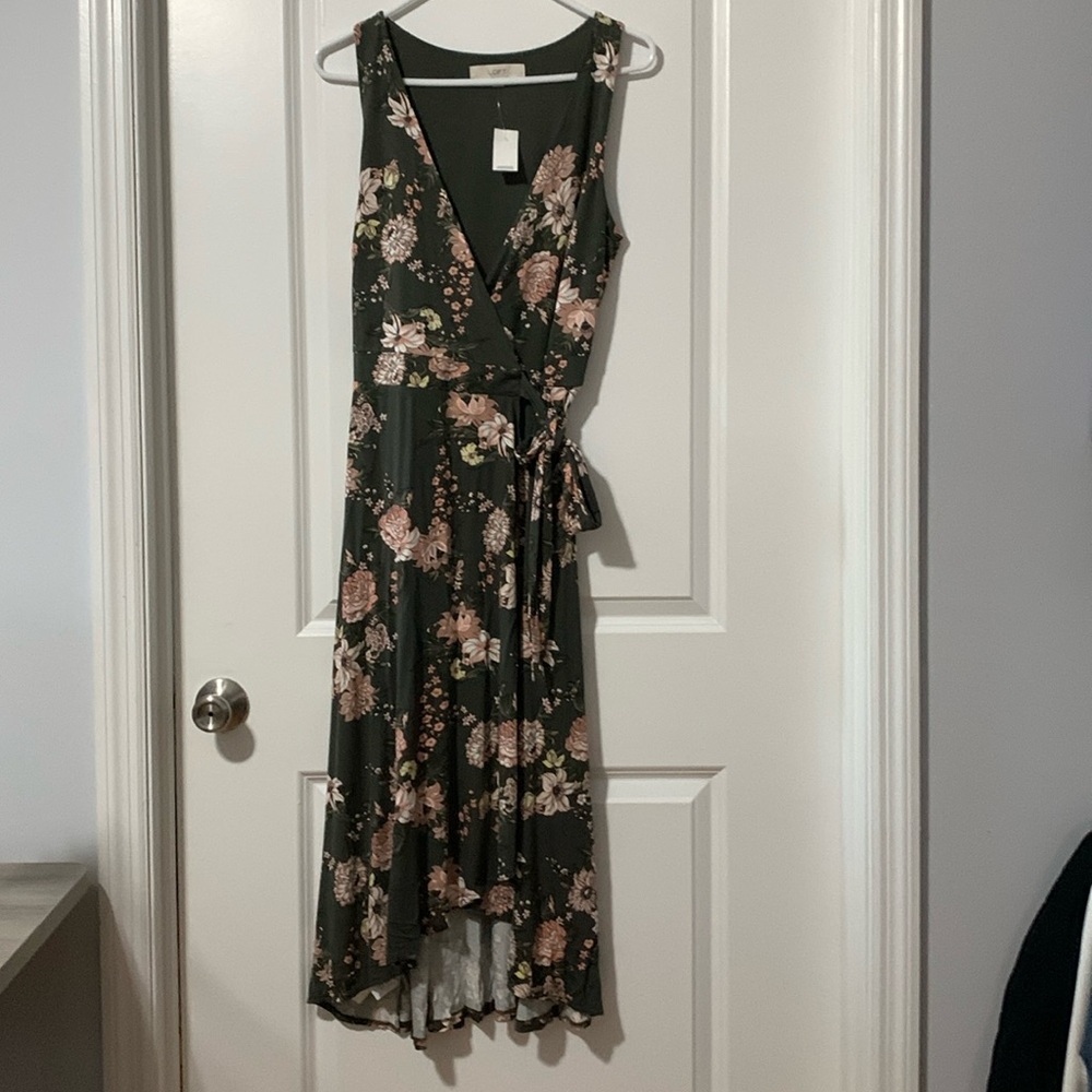 LOFT Green with Pink Florals Wrap Dress